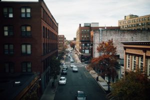 Aerial view of cars driving down main street in Lynn, Massachusetts 