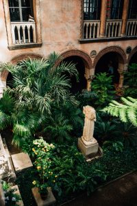 Angular side view of the Isabella Stewart Gardner Museum courtyard