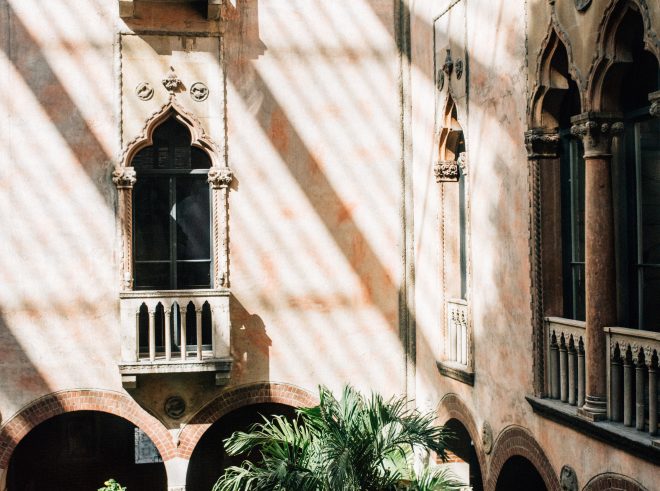 Shadows cast on the wall of the courtyard in the Isabella Stewart Gardner Museum